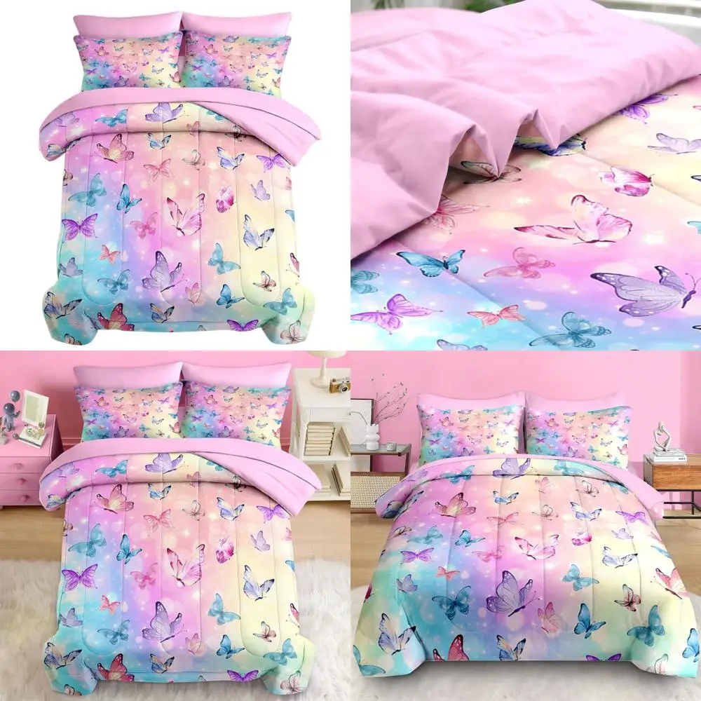 

Queen Size Pink & Blue Butterfly 7-Piece Bedding Set with Purple Rainbow Sheets, Pillowcases & Shams for Kids & Adults Bedroom D