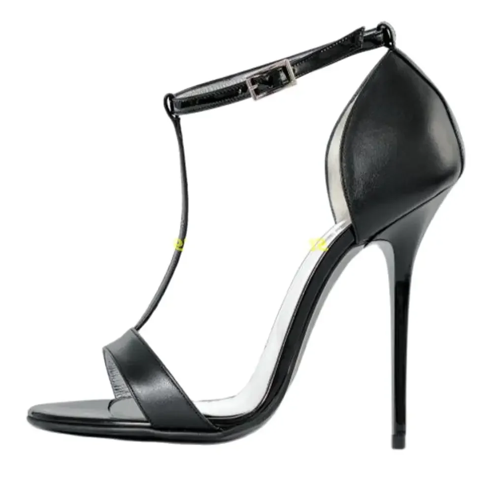 

T Strap Black Sandals Ankle Strap Open Toe Stiletto High Heels Cover Heel Matte Leather Fashon Summer Shoes Concise Women Sandal