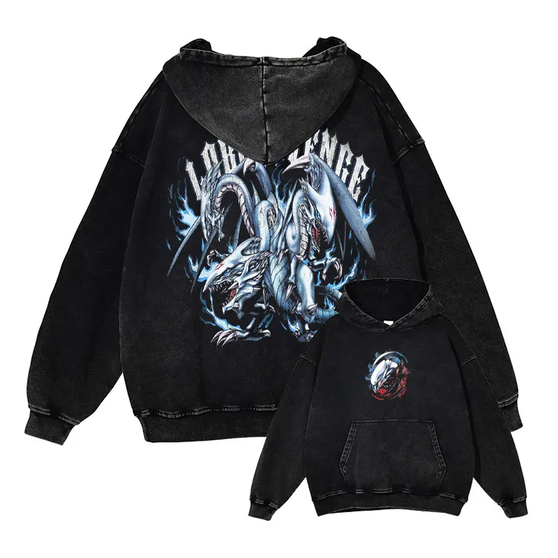 Yu Gi Oh sudaderas con capucha ojos azules estampado de dragón Vintage lavado sudaderas con capucha jersey de gran tamaño Manga Anime Sudadera con capucha hombres algodón