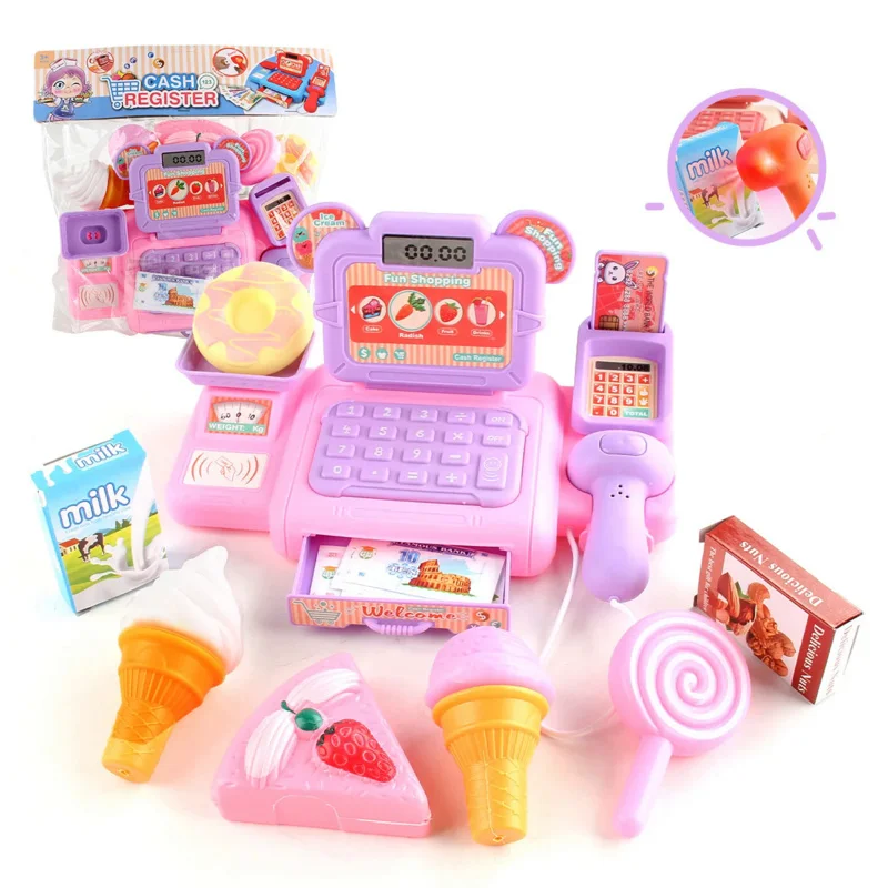 Bambini intelligenti finta gioca a casa registratore di cassa supermercato torta frutta gelato genitore-figlio musica interattiva giocattoli leggeri