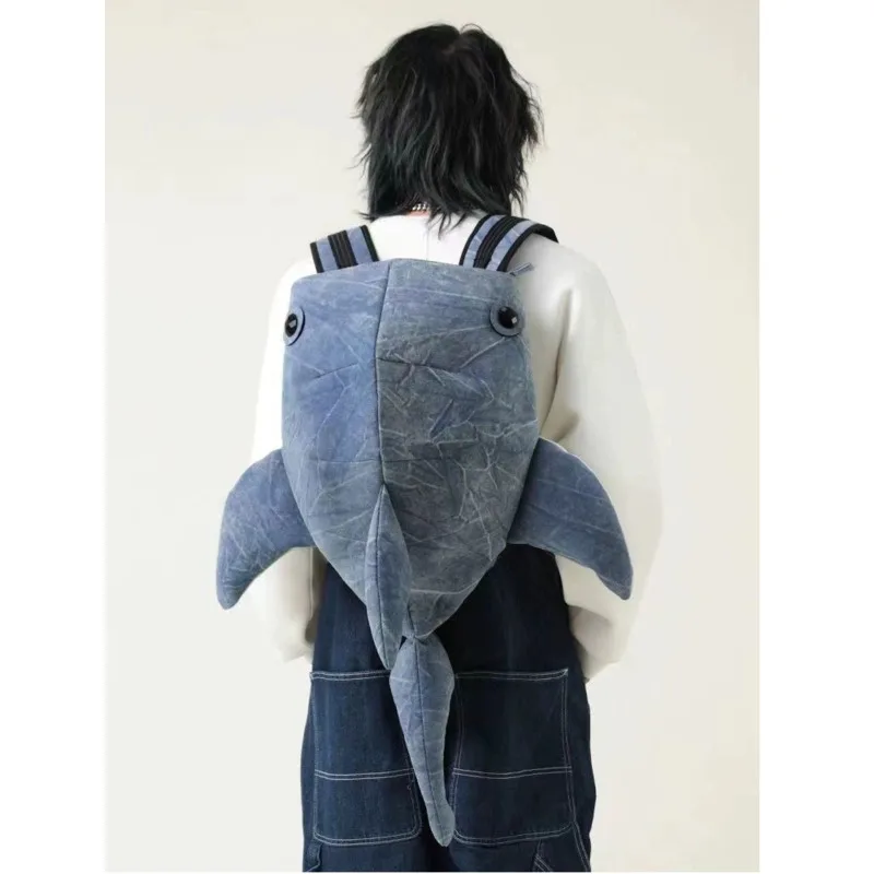 Shark Backpack Splicing Casual Solid Color Men's And Women's Backpack 2024 Large Capacity Zippered Canvas Decorative Animal Bag