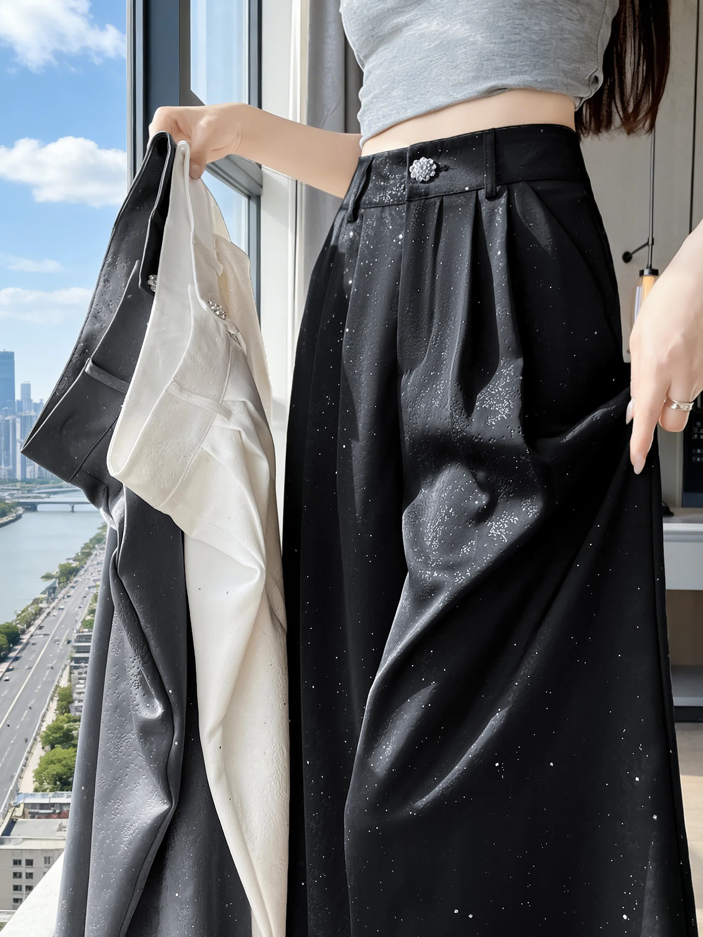 

Ice Silk Shiny Wide Leg Pants Women's Summer Fashion Treenut Pants Lightweight High Waist Draping Floor Length Casual Trousers
