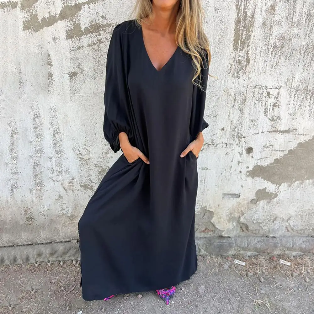 Summer Loose Dress for Women Solid Color V Neck Short Sleeve Casual Elegant Beach Long Dresses Holiday Vestidos Party