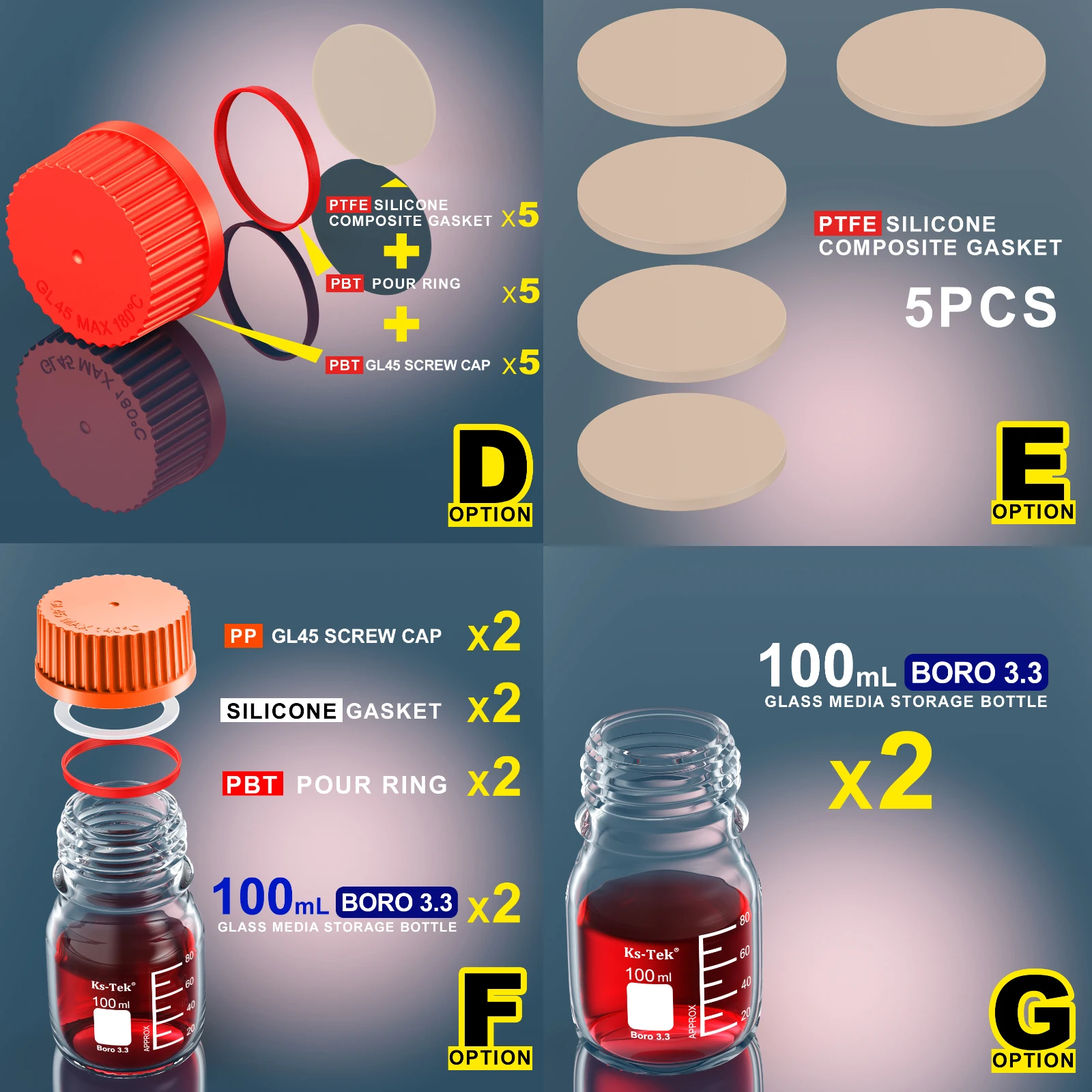 Ks-tek GL45 Media botella, borosilicato 3,3, 100ml,PBT/PP tornillo GL 45 tapa, PBT/PP anillo de vertido, junta de silicona de PTFE, prelavado,