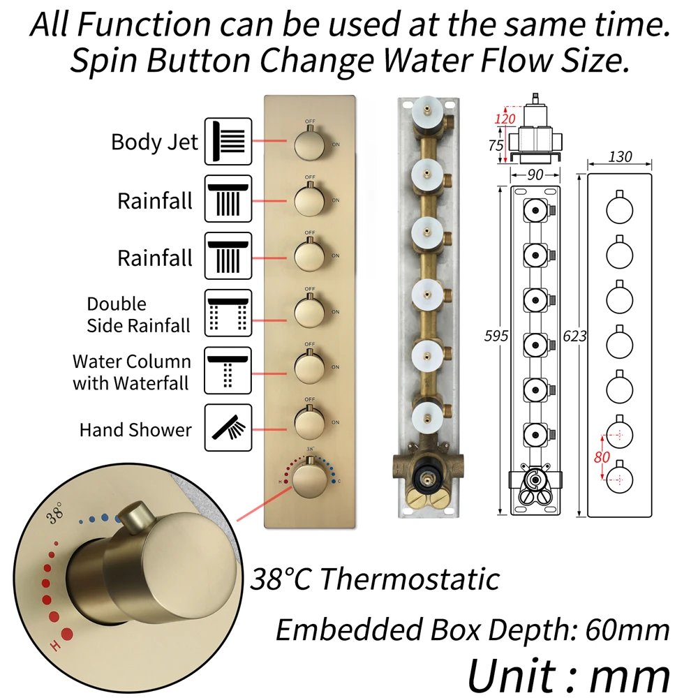 Juego de ducha termostática pulida para montaje en pared con válvula de latón, cabezal de ducha musical LED, patrones de pulverización de lluvia y masaje