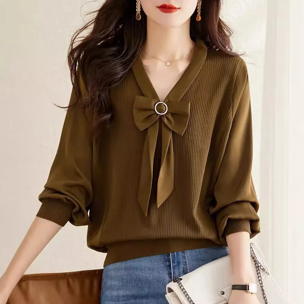 Boweylun Autumn New V-Neck Long Sleeve Top Women Patchwork Solid Colour Bottom Knit