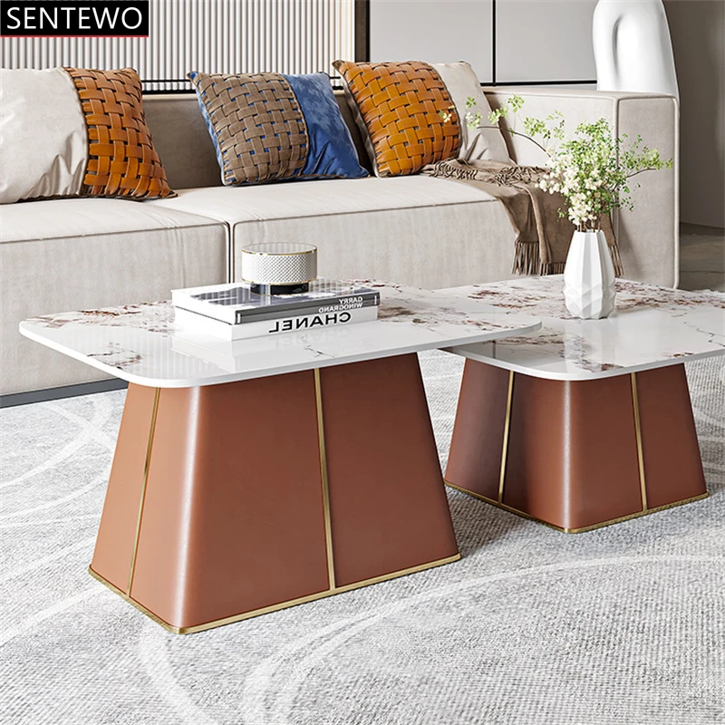 Modern Office Table 2Pcs 2 In 1 Gold Stainless Steel Stone White Antique Round Coffee Table Set Living Room Table mesa