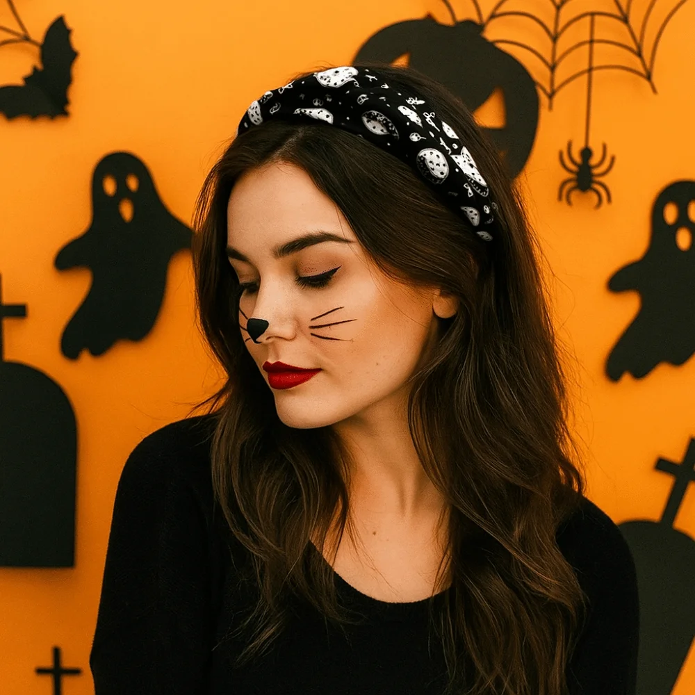

Headdress Horrible Pumpkin Head Headband Gothic Cartoon Top Knot Headband Festival Wear Black Cat Ghost Print Hairband Woman