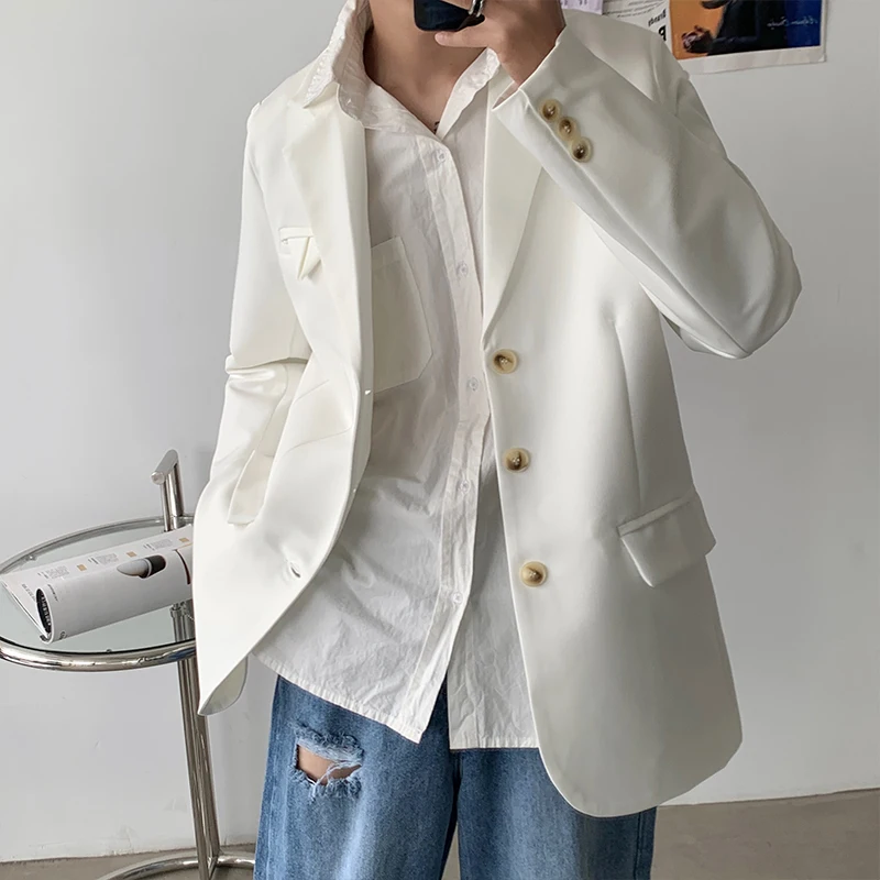 

Korean Sle Loose Fit White Men's Suit Jaet Casual Haome Lightweight Luxury Leisure Tuxedo Single-breasted Long Sve