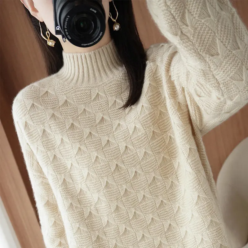 

Women's Solid Half High Collar Screw Thread Sweater Autumn and Winter Fashion All-match Loose Knit Long Sleeve Pullover Tops