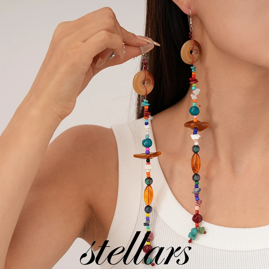 

Ethnic Style Colorful Resin Artificial Stone Rice Beads Geometric Hook Earrings Vintage Long High-End Temperament Women Earrings