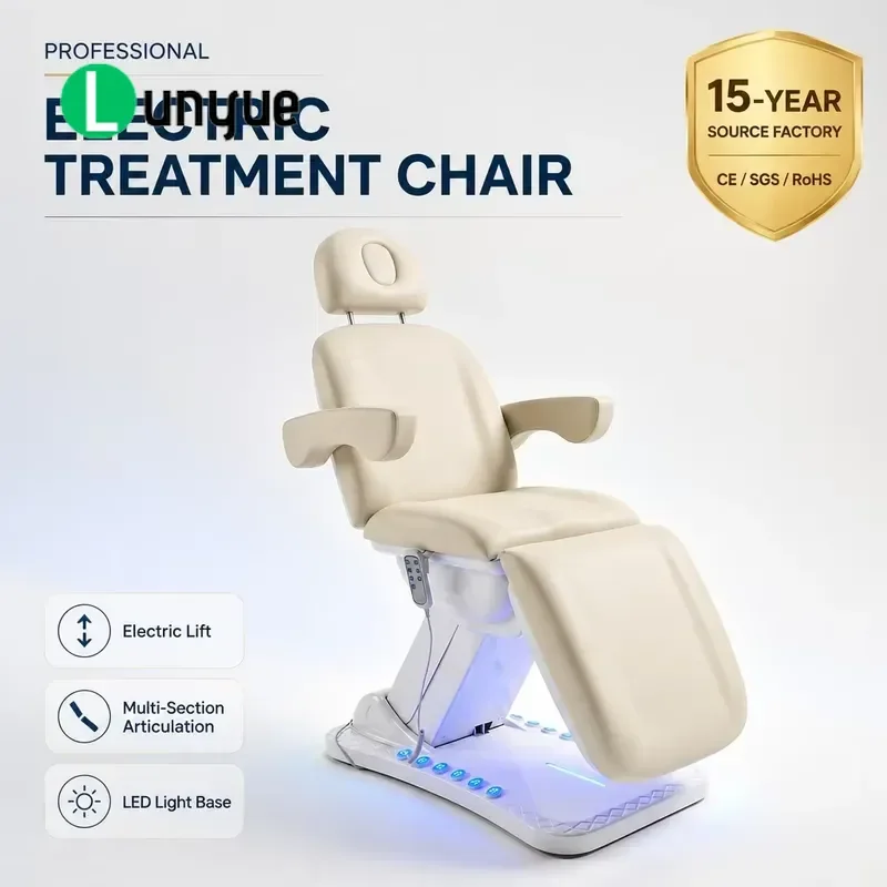 Electric Treatment Chair Cream White Adjustable LED Lamp Base Remote Control Face Bracket Modern Spa Equipment for Beauty