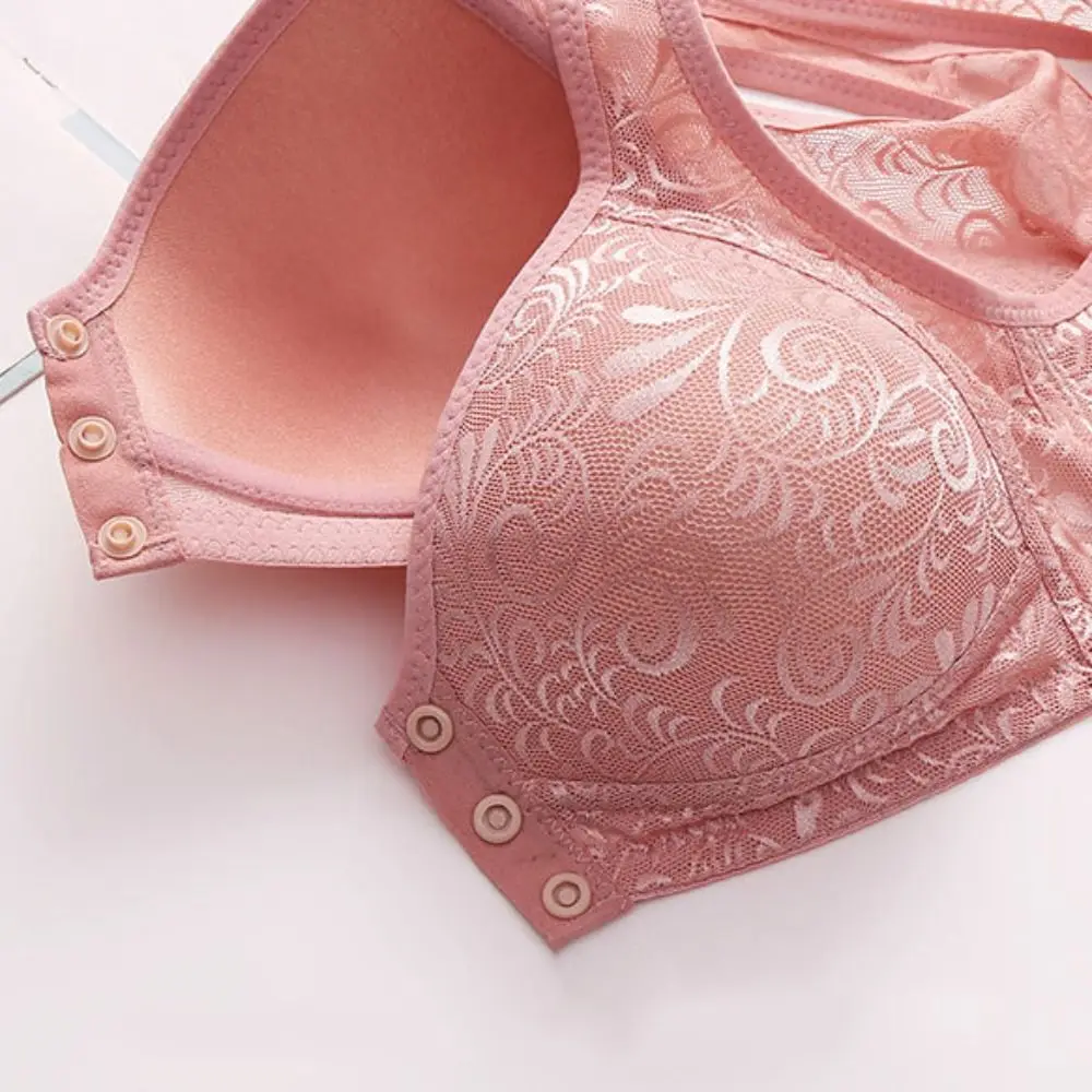 Gathering Bras Mesh Lace Floral Bra Plus Size Seamless Wireless Bras Women Widen Band Lingerie Front Button Elderly Bra Ladies