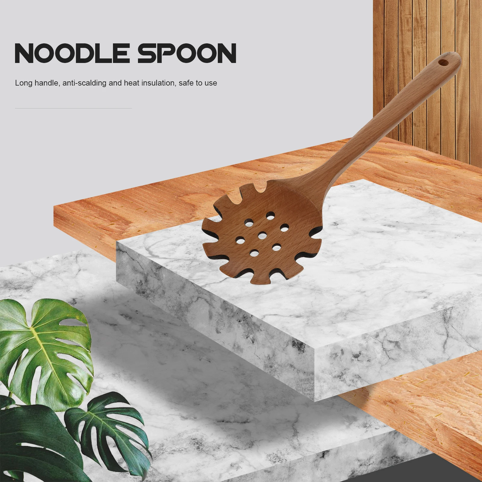 

1Pcs Beech Wooden Noodle Spoon Kitchen Colander Hanging Hole Long Handle Heat Resistant Cooking Utensil Spaghetti Spoon Server