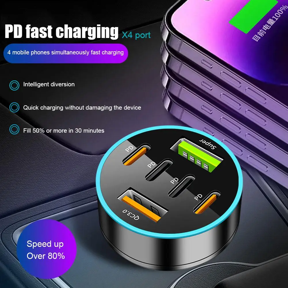 66W PD Car Charger QC3.0 Fast Charge One to Six Car Cigarette Lighter Plug 5 Port Car Charger Flash Charge with Digital Display