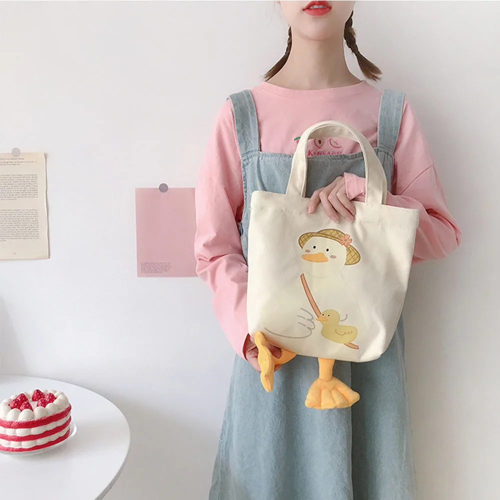 New Women Shoulder Shopper Bag Cute Duck Cartoon Print Casual Kawaii Canvas Tote Shopping Bag Cotton Cloth Eco Handbags tote bag