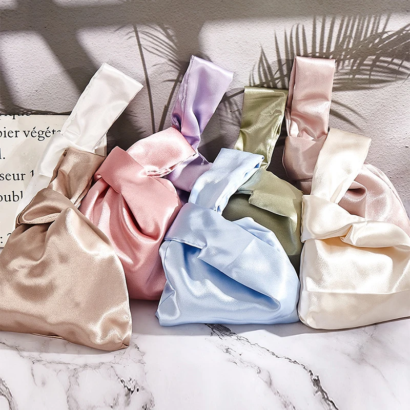 Japanese Women Vintage Silk Tote Handbag Mini Portable Knot Wrist Bag Girls Simple Purse Shopping Phone Key Folding Bags