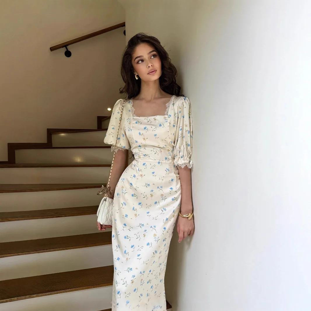 Spring 2025 Ele Satin Printed Ruffle Hem Dr Gentle Fairy Sle Midi Skirt Long Sve lectual Sle Women's Dr