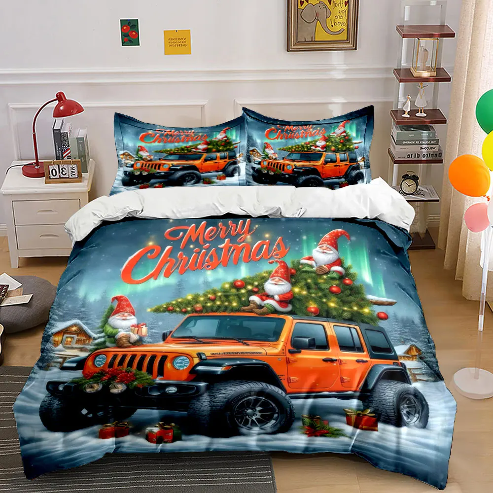 Christmas snow scene off-road vehicle and Santa Claus Print Duvet Cover Bedding Set Included 1*Duvet Cover 2*Pillowcases