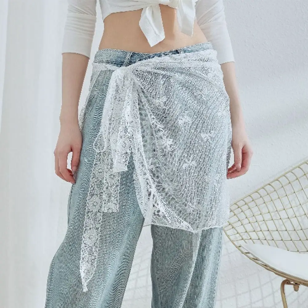 Floral Design Lace Layered Skirt Comfortable Lightweight Sheer Overskirt Streetwear Style Tie-Up Waist