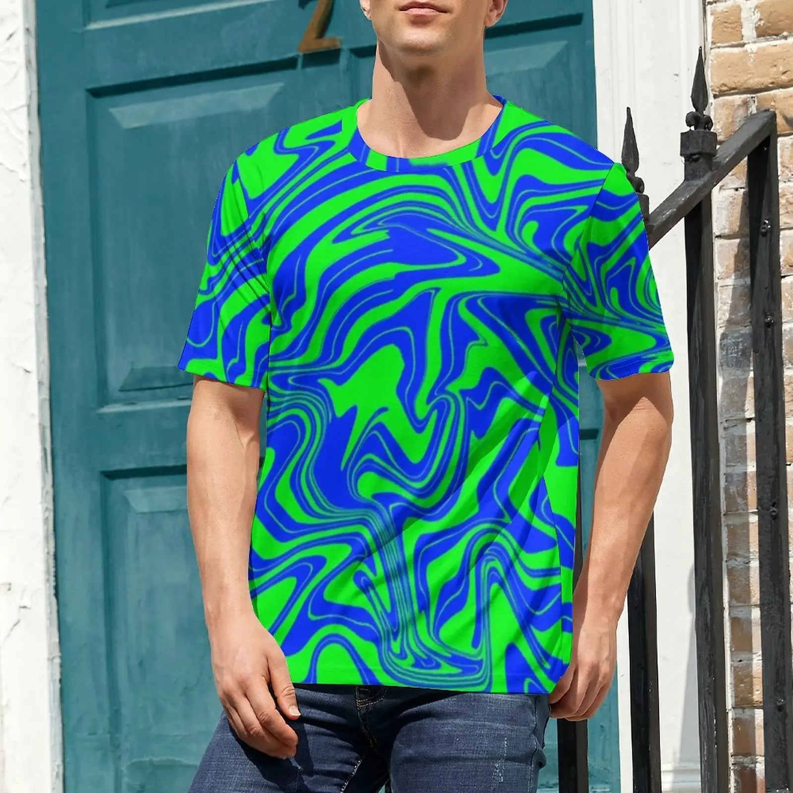 Big Size T-Shirt Summer Green Liquid Swirl T Shirts Blue Abstract Art Print Kawaii O Neck Tee Shirt Men Trendy Graphic Clothes