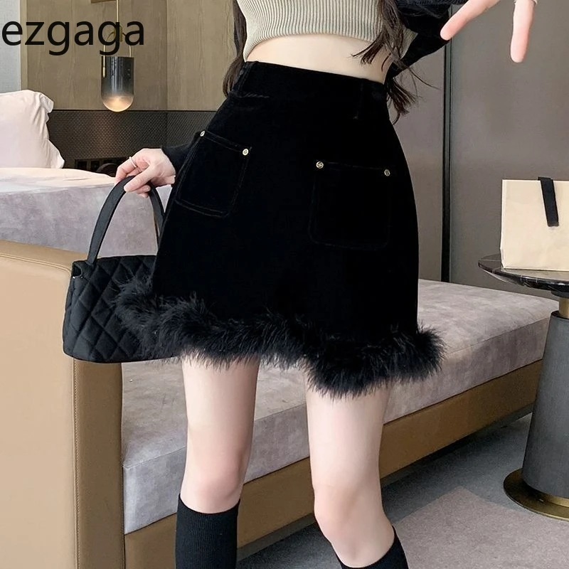 

Ezgaga женские мини-юбки бархатные осенне-зимние карманы пушистые лоскутные модные юбки с высокой талией женские сексуальные элегантные винтажные
