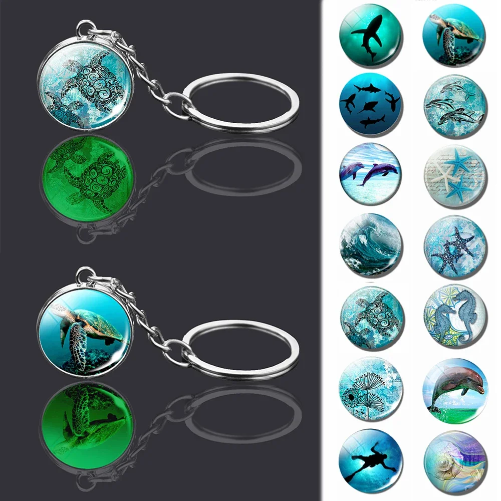 Luminous Sea Turtle Glass Ball Pendant Keychain Dolphin Colorful Seashells Glass Cablchon Jewelry Glowing Key Chains Women Gift