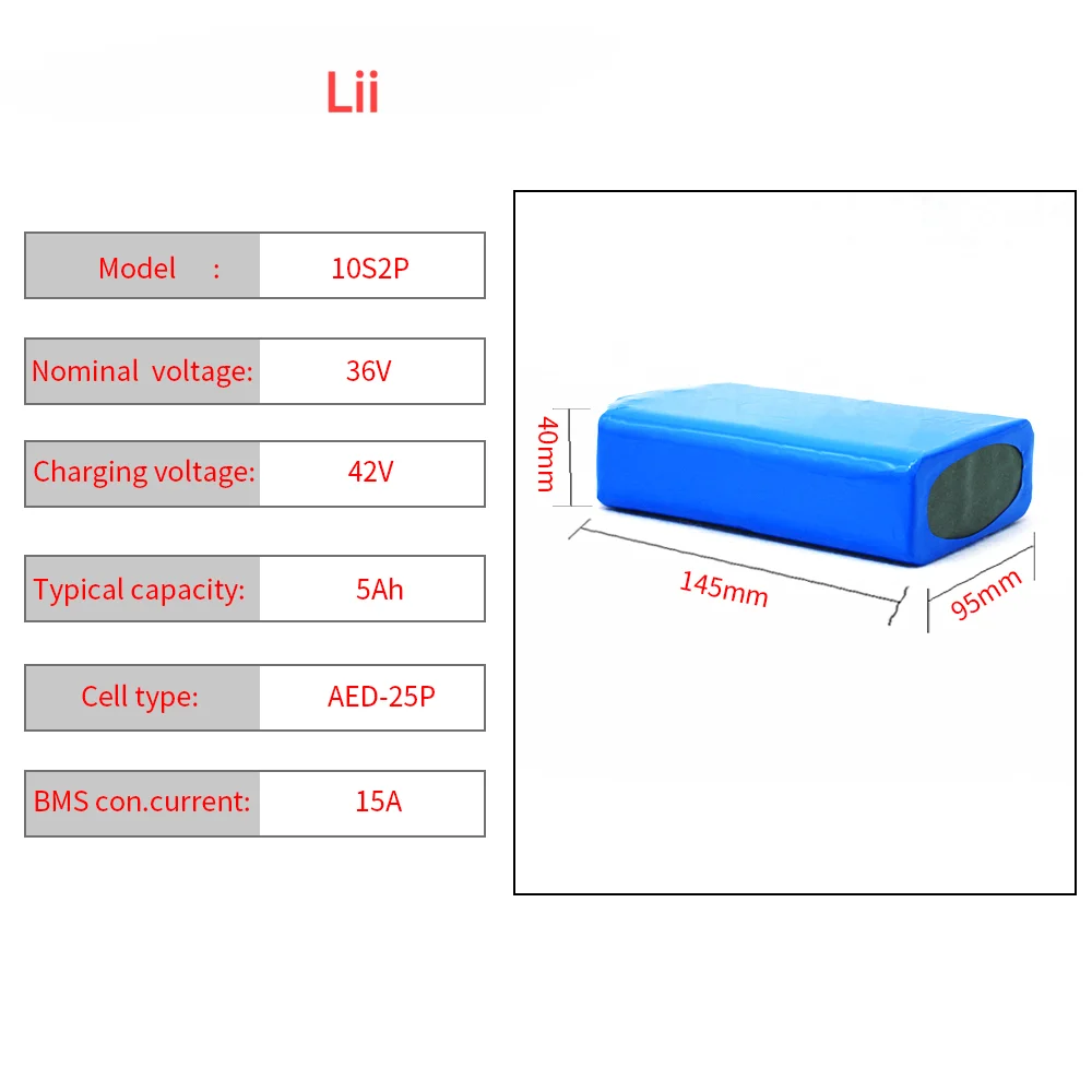 Lii  10S2P 36V 5.2Ah 400watt li-ion battery pack xt60 jst for ebike scooter motor 42V lithium batteries 15A Separate port BMS