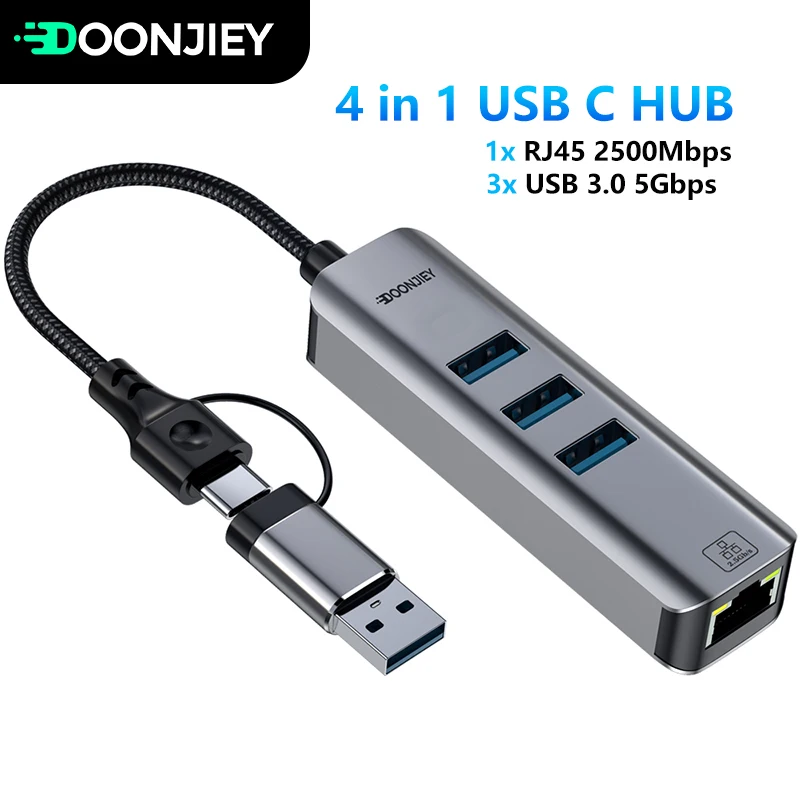 4 in 1 2500Mbps USB 3.0 Type-C To RJ45 Network Card HUB 2.5G Ethernet Adapter Converter Lan Hub For PC Laptop Windows 8.1/10/11