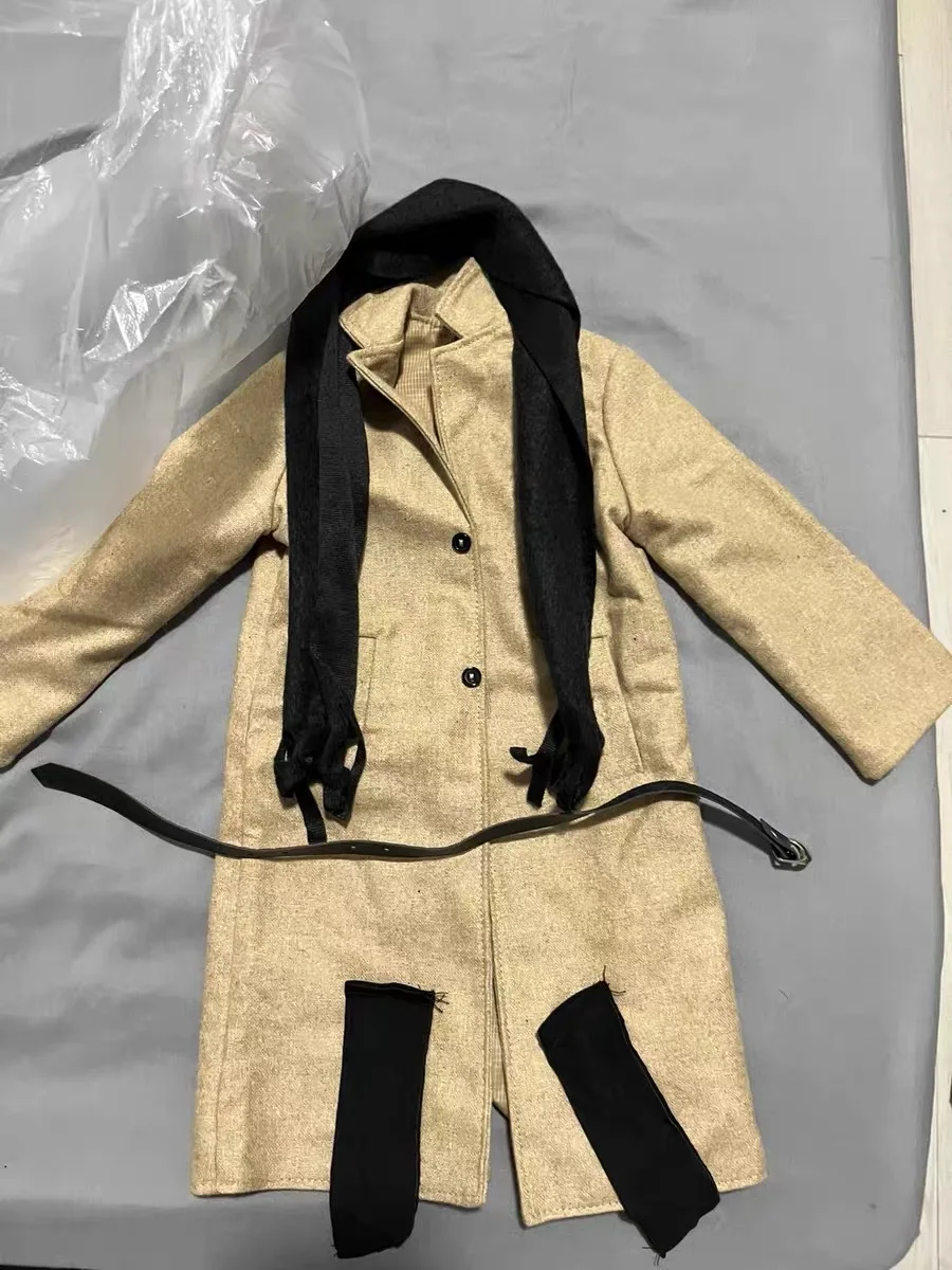 D09-P690 Brinquedo infantil feito à mão, terno de boneca BJD ID75 uf75 an77 yc 76, casaco de lã preto, cinto, meias e lenço, 4 peças/conjunto