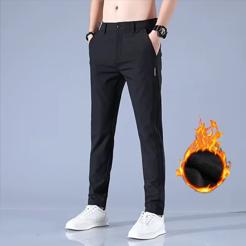 2024Winter velvet Casual Pants Men Thick Business Stretch Slim Elastic Waist Jogger Outdoors Korean Classic Fleece Trousers Male