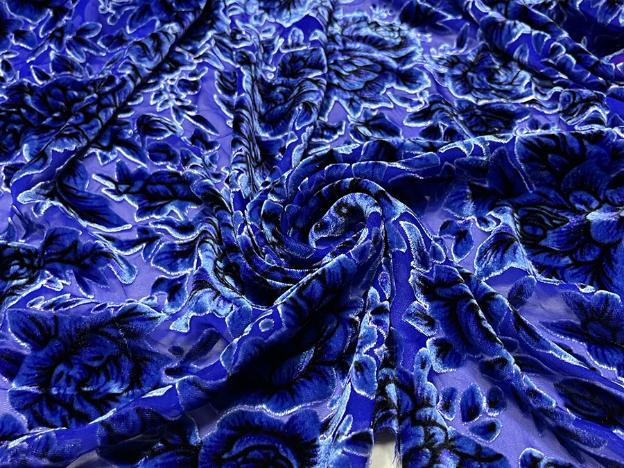 High Quality Real Silk Gold Velvet Fashion Autumn Fragrance Green Blue Purple Rose Etched-out Fabric Cheongsam Qipao Skirt Cloth