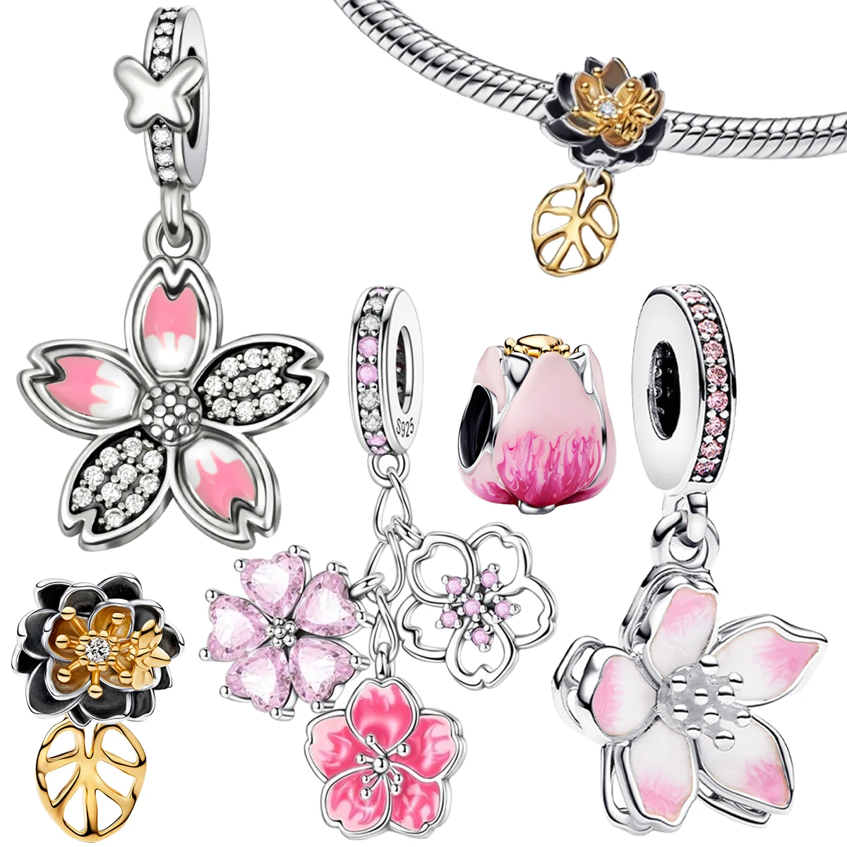 Abalorios de Plata de Ley 925 con Esmalte de Flor de Cerezo, Tulipán Rosa y Loto, Colgante de Flor, Decoración para Pulsera de Cuentas, Joyería, Regalo para Niña