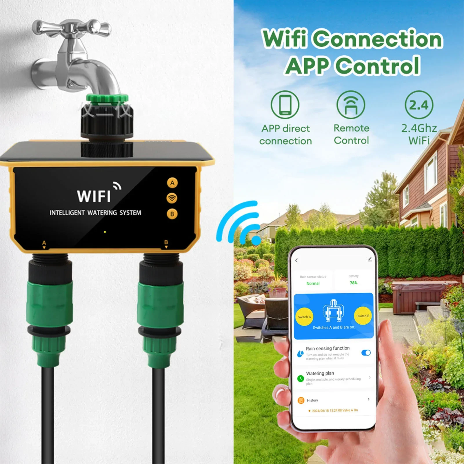 Solar WiFi Smart Irrigation Timer Rain Sensing Function APP Control 2 Outlets Automatic Watering Timer Sprinkler for Garden Yard