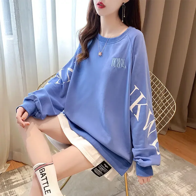 Long Sleeve Women\'s T-shirts Clothes Tops Fake Two Autumn Midi Fashion Korean Aesthetic Graphic Loose Casual Hoodie Pulovers