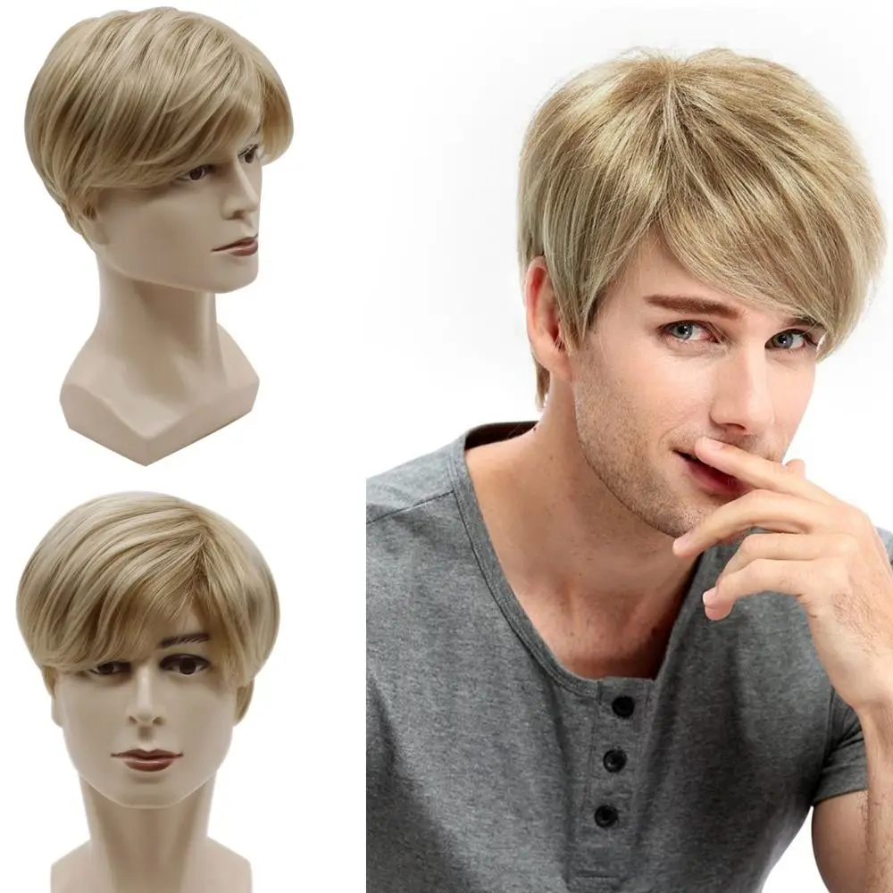 Men\'s Wigs Short Gold Hair Fashion Short Mens Blonde Wig Straight Synthetic Wig Men Cosplay Wig