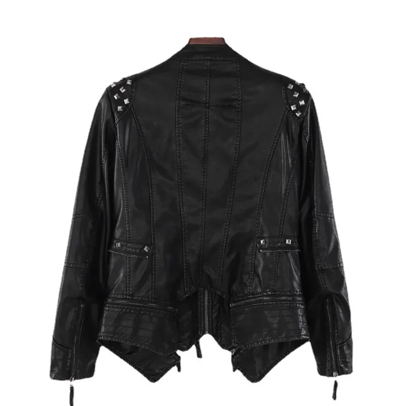 Motorcycle PU Leather Coat with Rivets for Ladies, Double Zip Lapel, Large Size, Autumn