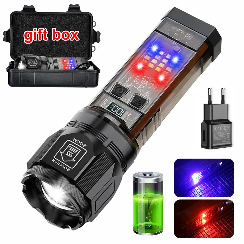 USB Recharge LED Flashlight Work Light Solar Powered Flashlight Telescopic zoom Torch Warning Flashing Light Outdoor Lamp