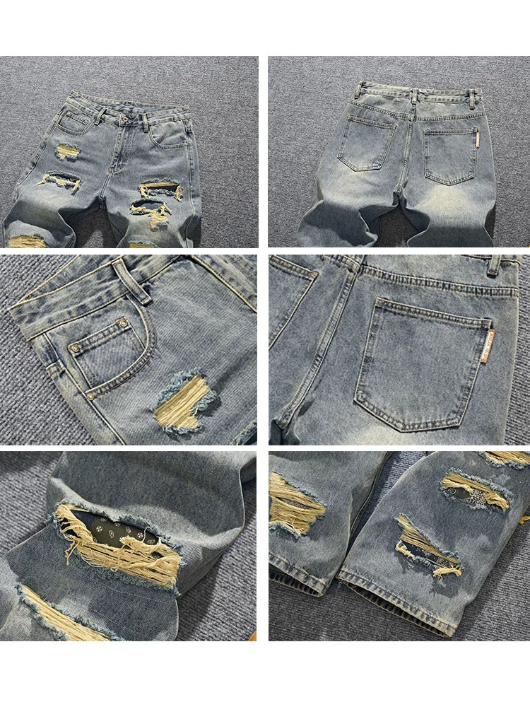 2025年パーソナライズされたハンサムなダメージジーンズ メンズストリートファッションブランド ルーズストレートレッグ ワイドレッグ レトロ ダメージデニムパンツ
