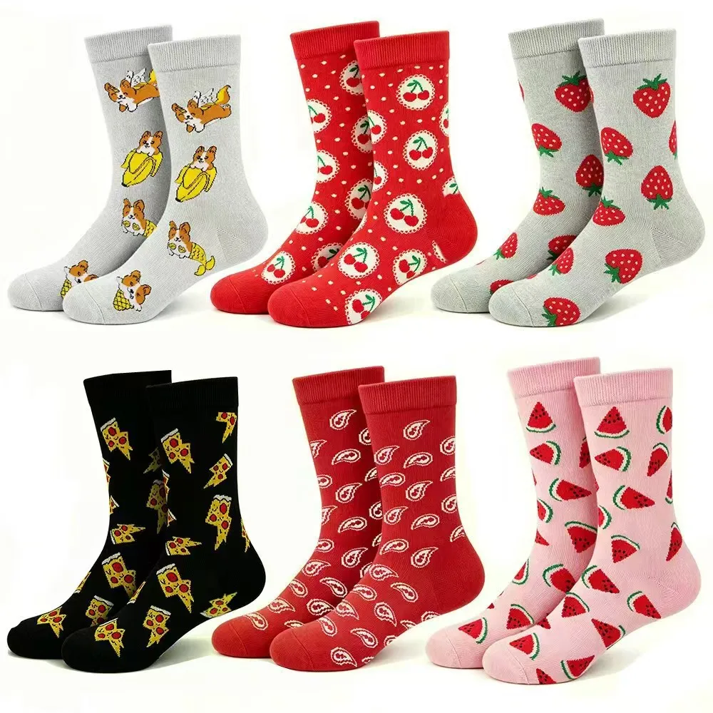 3/5 Pairs of Cartoon Fruit Animal Print Mid-Calf Socks: Trendy Unisex Casual Skateboarding Socks for Men and Women