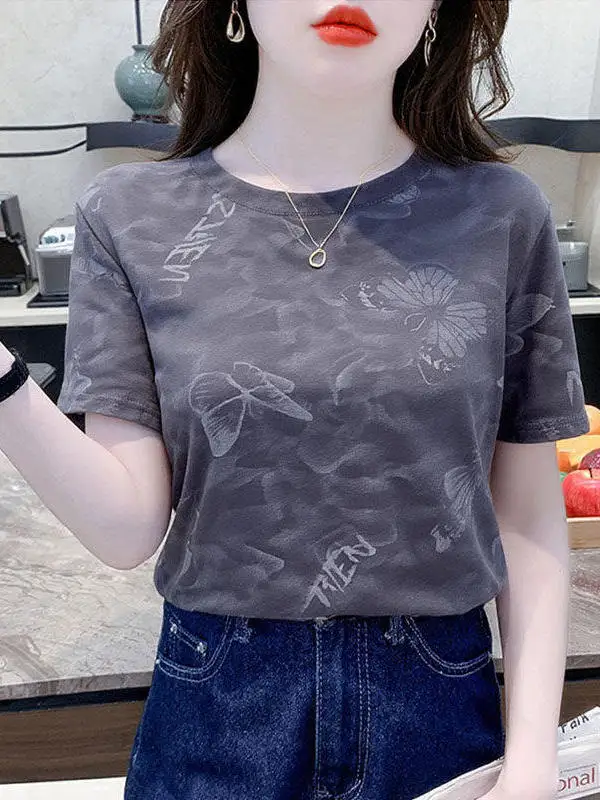 

Модная свободная женская футболка с коротким рукавом, летняя новинка, удобный топ с круглым вырезом, из полиэфирного волокна, с принтом