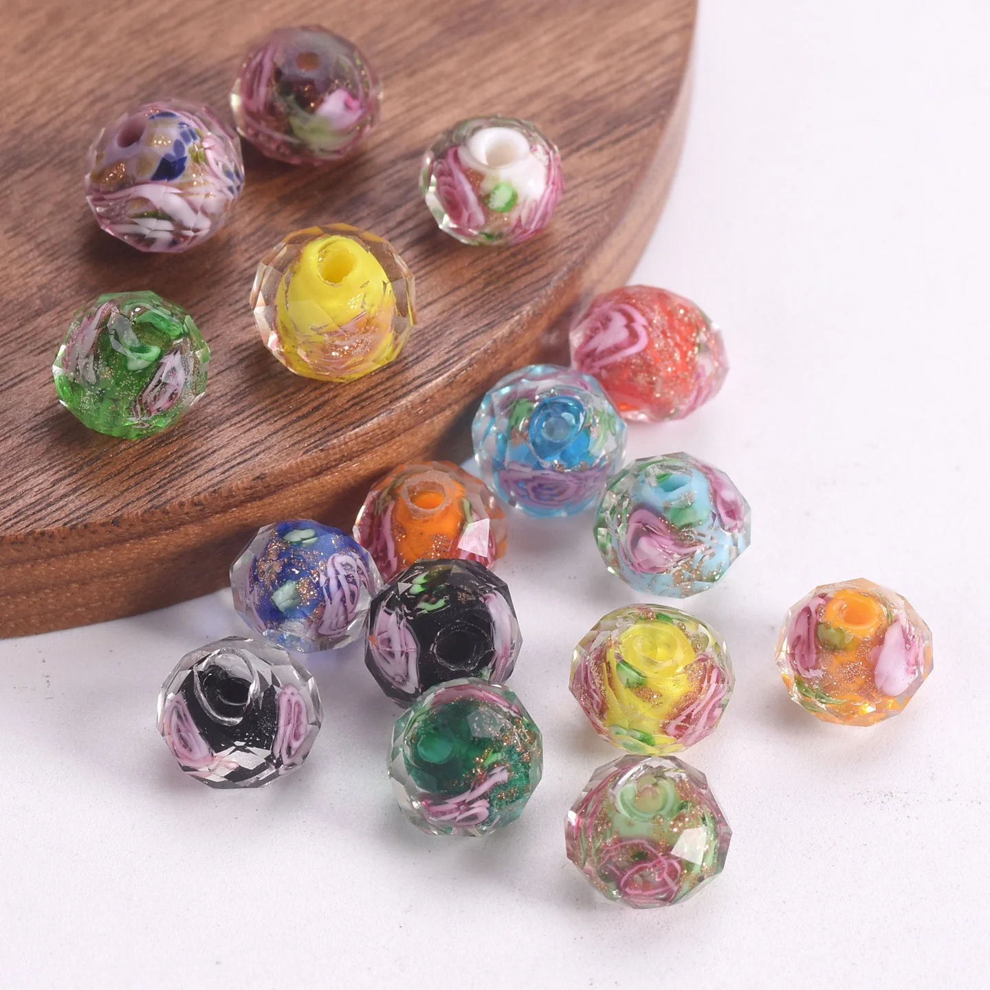 10pcs 10mm 12mm Rondelle Faceted Crystal Flower Lampwork Glass Loose Spacer Beads for Jewelry Making