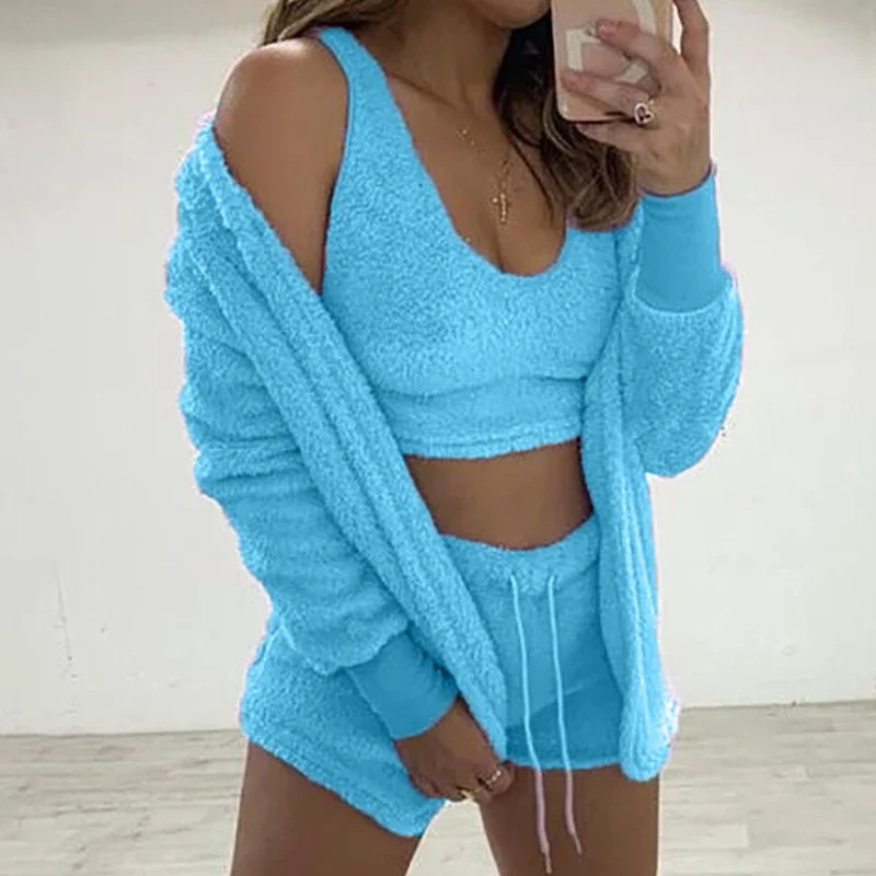 Sexy Women Sets 3 Piece Velvet Plush Hooded Cardigan Coat Shorts Crop Tops Tracksuit Casual Sports Overalls Sweatshirt Suits