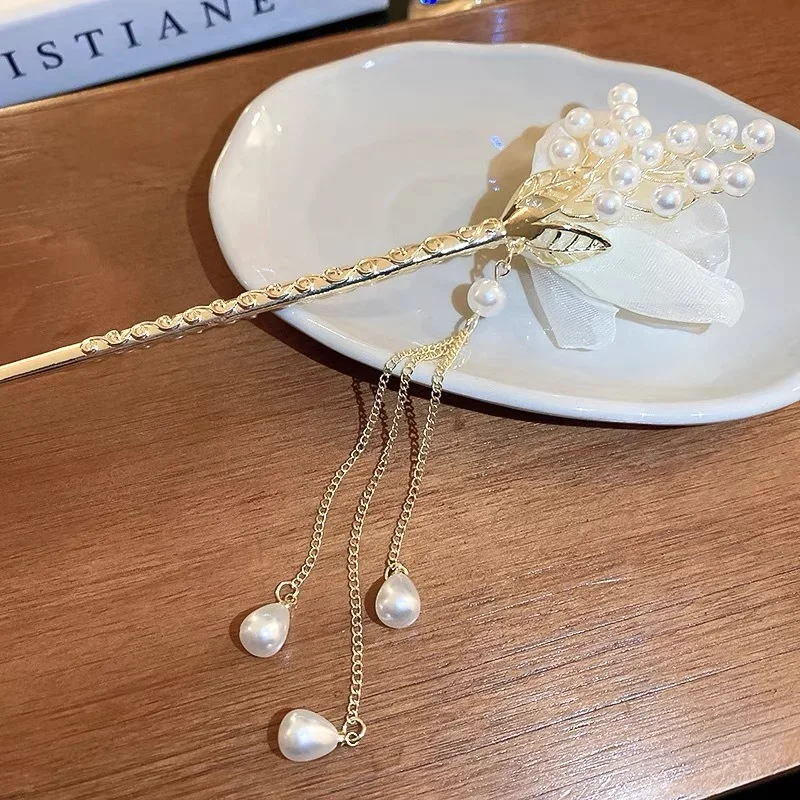 앤티크 스타일과 고급스러운 느낌의 새로운 중국 스타일 진주 메쉬 꽃 머리핀 코일 머리핀 복고풍 Hanfu 헤어 액세서리