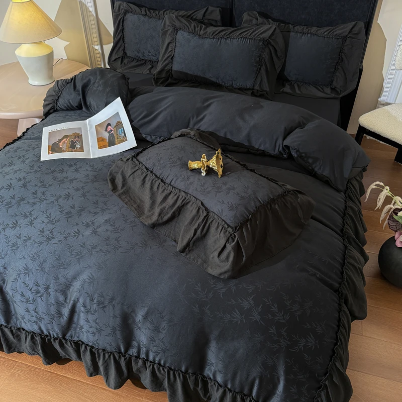 Jacquard Duvet Cover Set with Lace Queen/King Size Luxury Style Bedding for Home High Quality Duvet Cover with Ruffles 이불커버