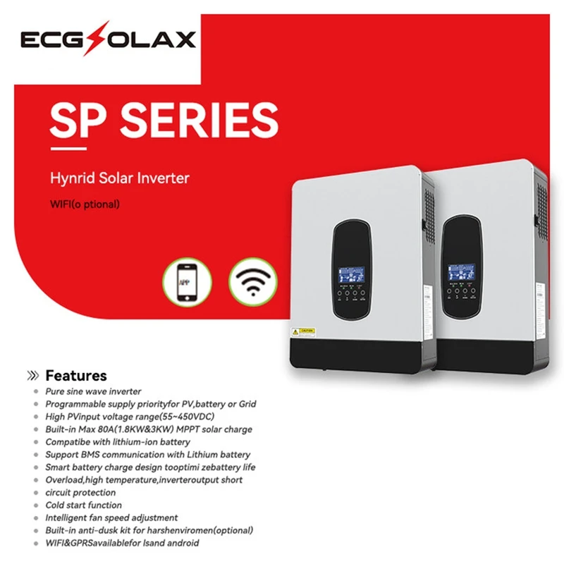 Imagem -05 - Inversor Hibrido Off Grid Ecgsolax Inversor Solar Híbrido Mppt Controlador de Carga Pura Onda Senoidal Inversor pv Max 450vdc 12v 24v 230v 80a 1.8kw 3kw Inversor Híbrido