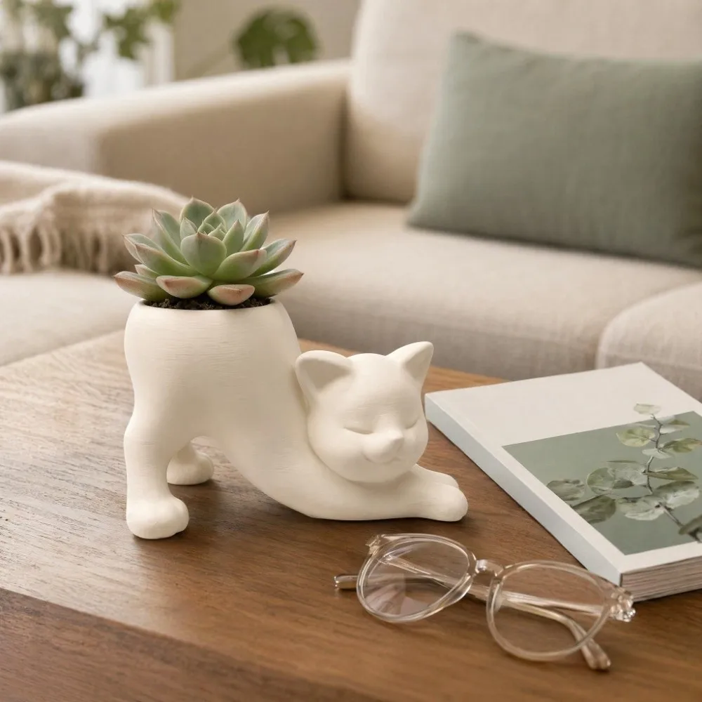 Irregular Shape Cat Plant Pot 3D Printed Ornaments Flowerpot Holder Standing Cat-Shaped Kitten Planter for Cacti Herbs Flowers