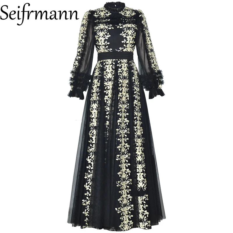 Seifrmann 2026 Spring Women's New Fashionable Round Neck Long Sleeve Mesh Embroidered Temperament Waist Cinching Dress