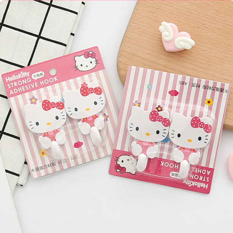 2Pcs Set Hello Kitty Sanrio Strong Self Adhesive Hooks Key Storage Hanger for Kitchen Bathroom Door Wall Multi-Function