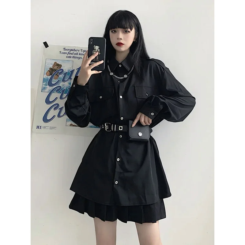 Kosahiki black cargo long sleeve blouse belted bag women vintage Gothic loose shirts Japanese Harajuku haut chemisier femme